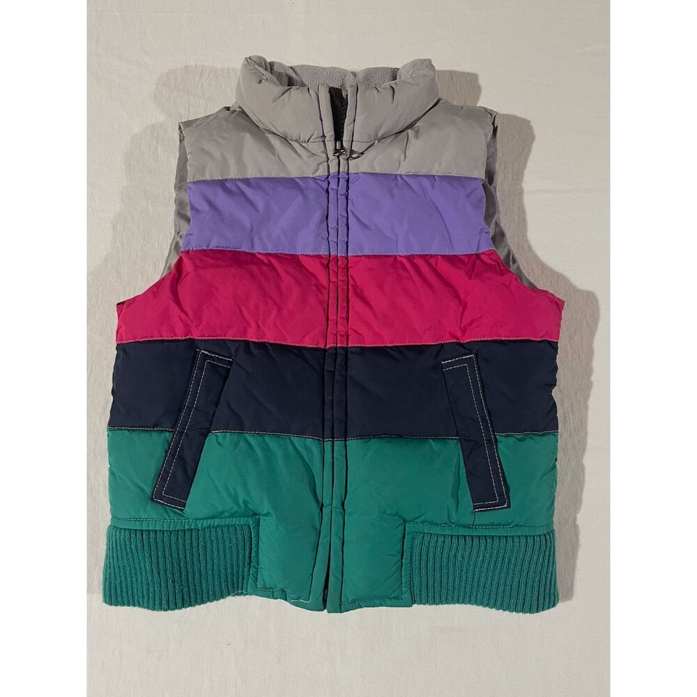 GapKids M 8 Colorblock Puffer Vest Fleece Lined Zip Up Retro Stripe Kids Winter